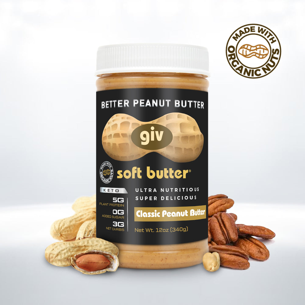 Jar of organic peanut butter made with all natural ingredients, MCT oil, organic peanuts and pecans, and no added sugar.