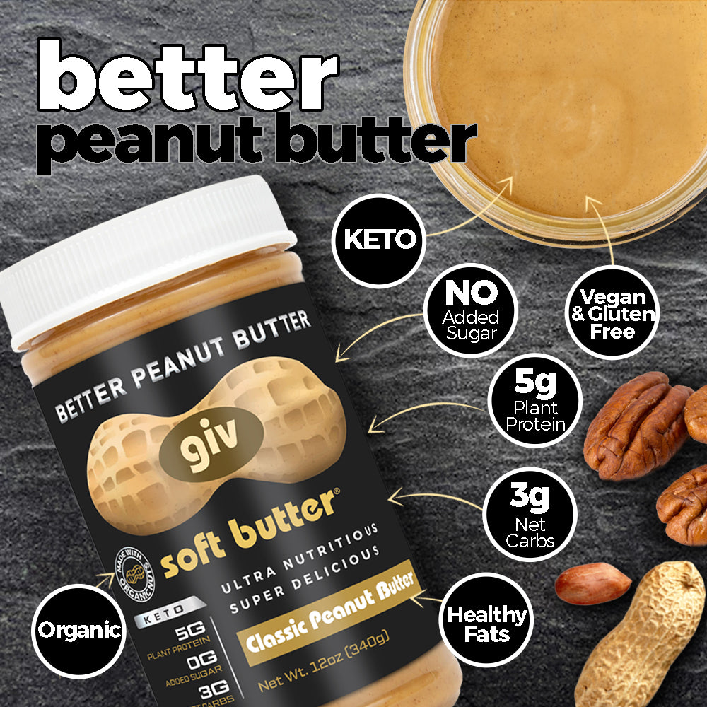 Jar of keto peanut butter with only 3g net carbs, MCT oil for healthy fats, and vegan and gluten-free.