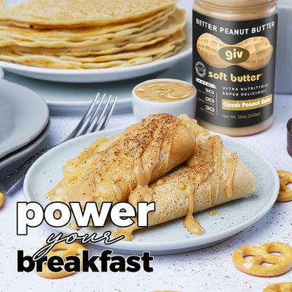 All natural organic peanut butter drizzled on breakfast pancakes to provide fuel for your day.